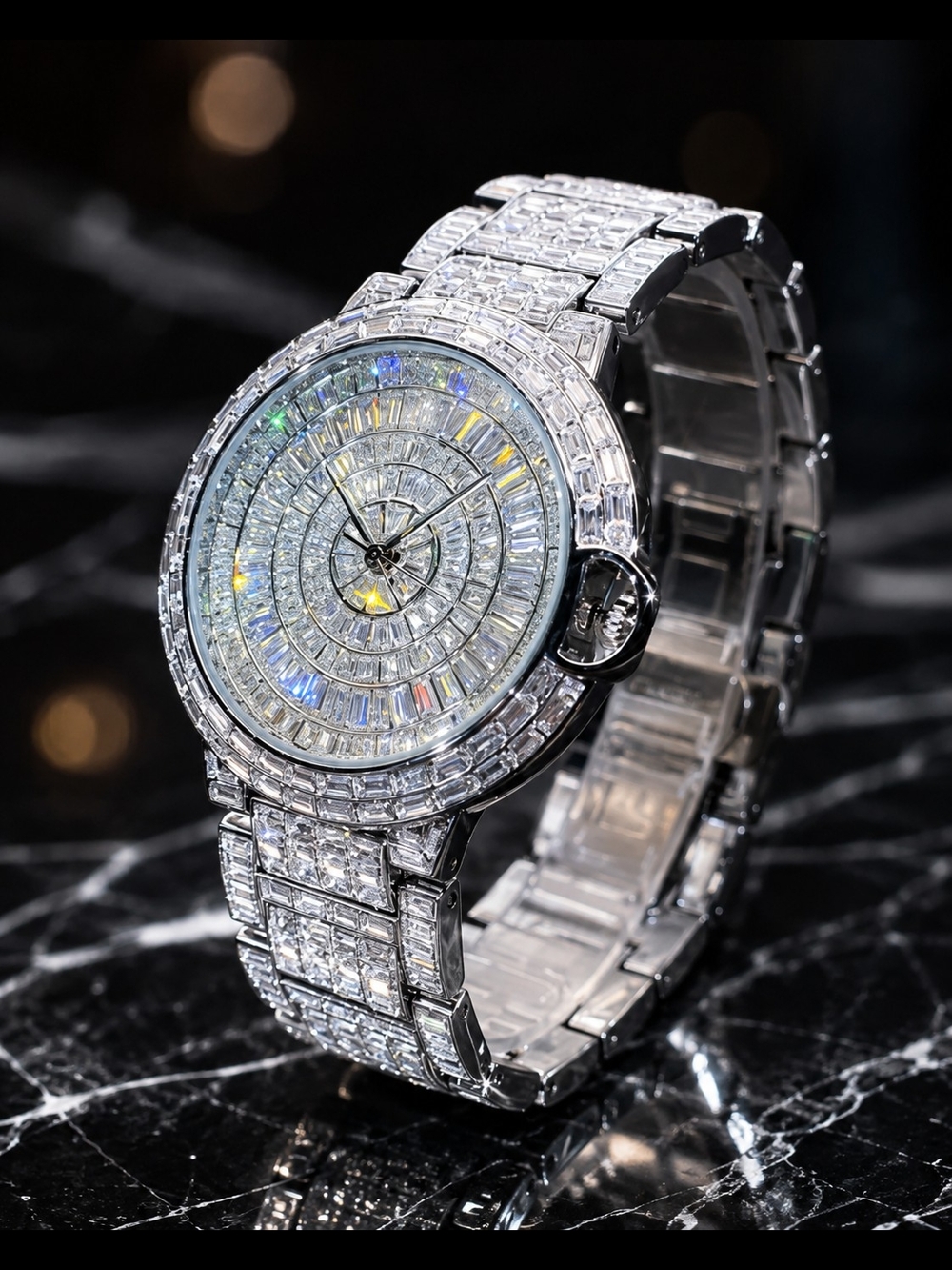 Men’s Iced Out CZ Baguette Watch Stainless Steel Crystal Luxury Style
